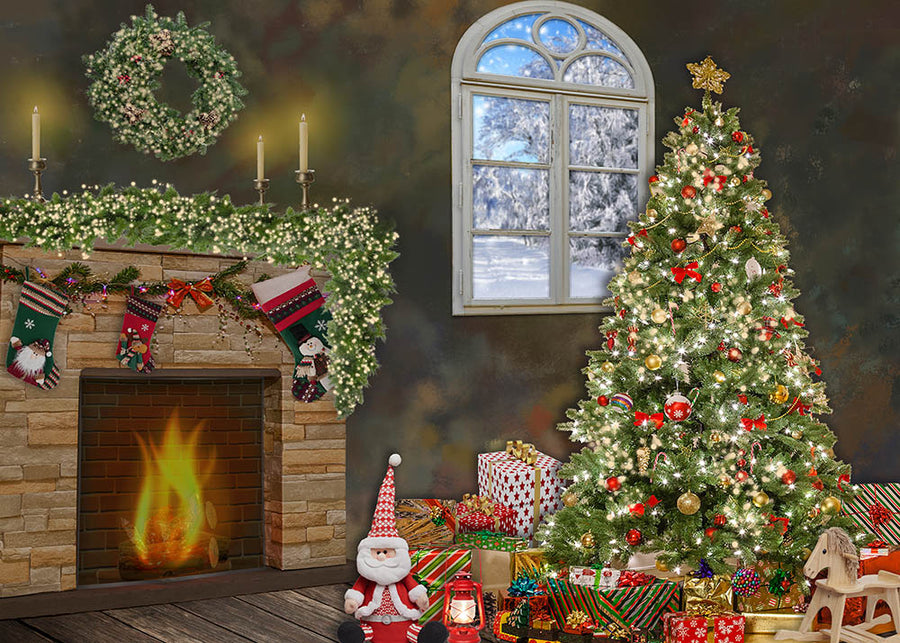 Avezano Christmas Tree and Fireplace Photography Backdrop-AVEZANO