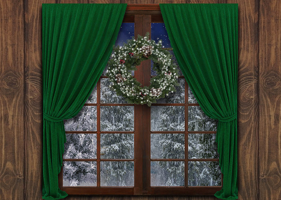Avezano Christmas green curtains Photography Backdrop Room Set