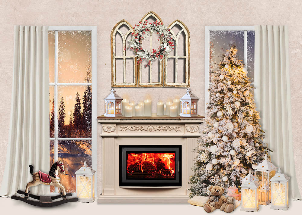 Avezano Christmas Tree Windows Fireplace Photography Backdrop-AVEZANO