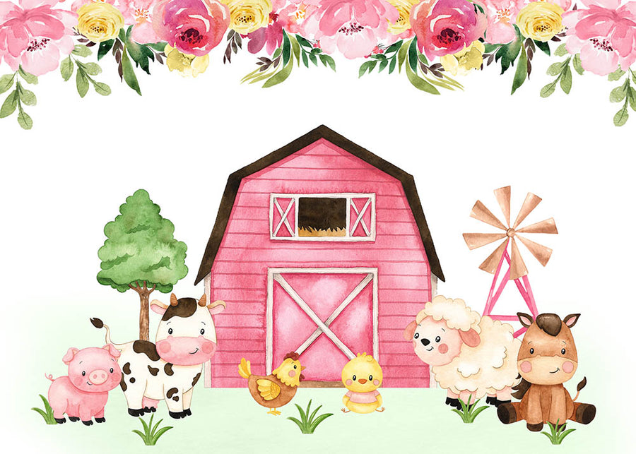 Avezano Cartoon Animals Pink Barn Photography Backdrop For Children-AVEZANO