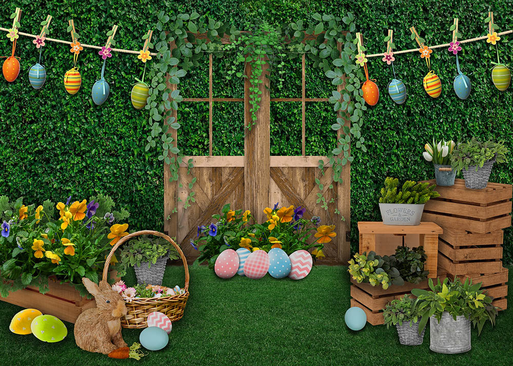 Avezano Wooden Door and Green Plants Spring Easter Photography Backdrop-AVEZANO