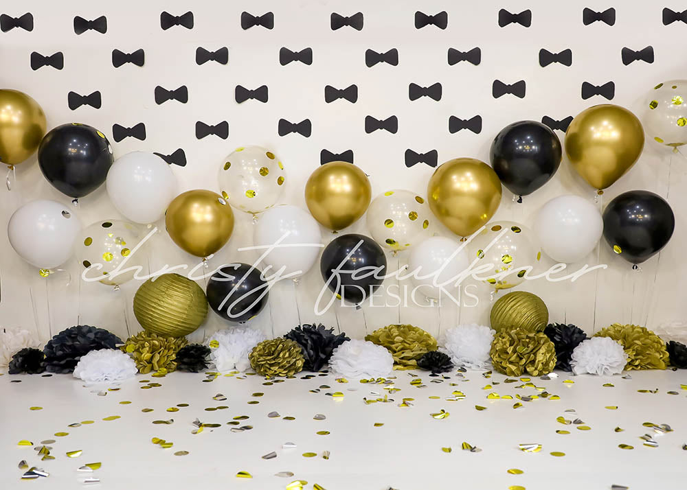 Avezano Black & Gold Bow Tie Balloon Photography Backdrop Designed By
