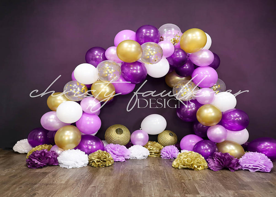 Avezano Purple & Gold Balloon Arch Photography Backdrop Designed By Christy Faulkner