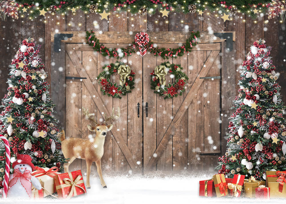 Avezano Christmas Wreath and Wooden Door Photography Backdrop-AVEZANO