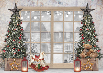 Avezano Christmas Tree and Hazy House Outside the Window Photography Backdrop-AVEZANO