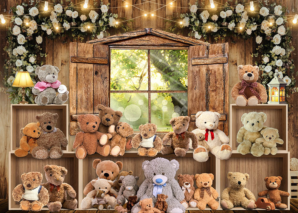 Avezano Spring Teddy Bear in a Log Cabin Photography Backdrop-AVEZANO