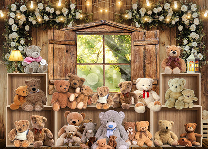 Avezano Spring Teddy Bear in a Log Cabin Photography Backdrop-AVEZANO