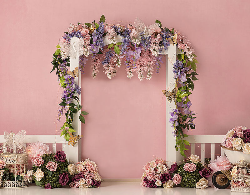 Avezano Pink Background And Flowers Door Frame Photography Backdrop-AVEZANO