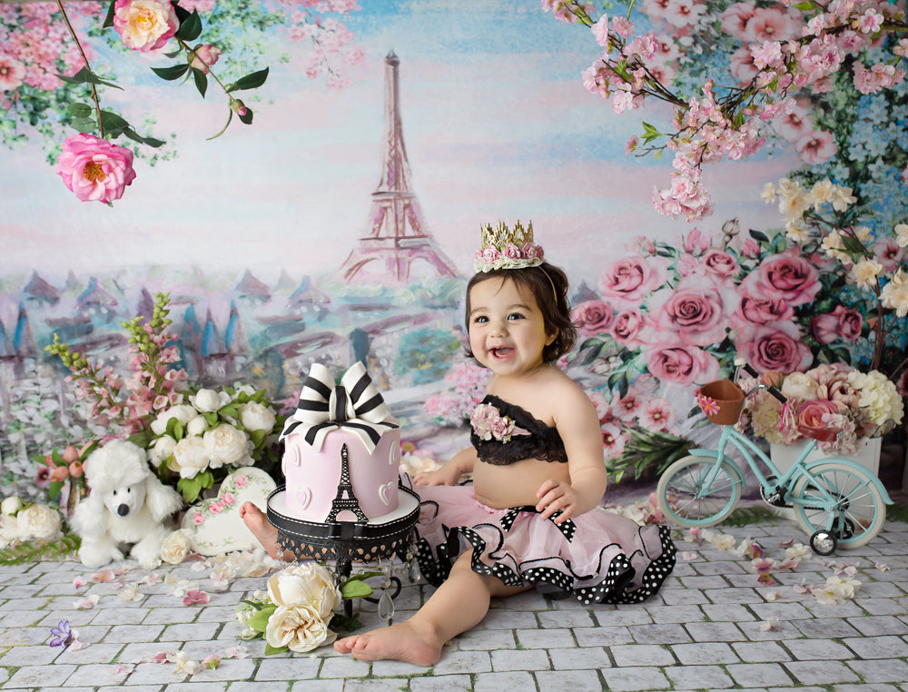 Avezano Fantasy Hand-Painted Flowers And Tower Baby Birthday Photography Backdrop-AVEZANO