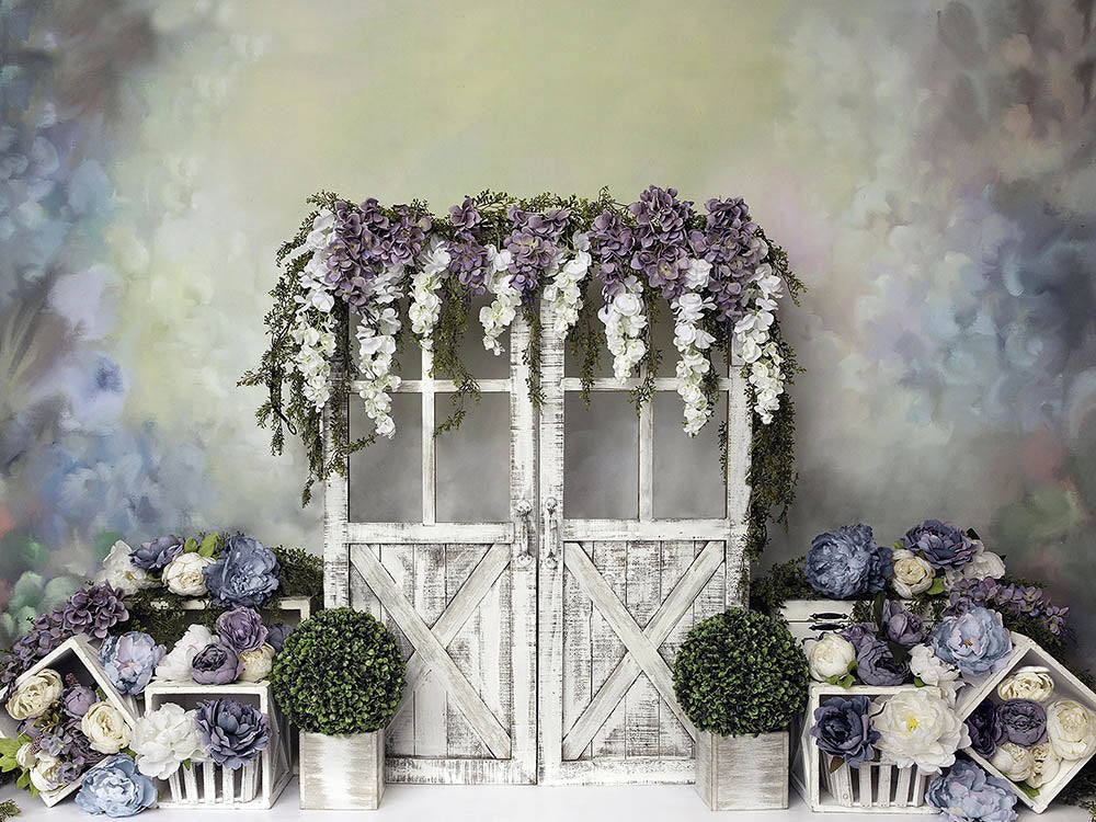Avezano Wooden Door And Purple Vine Flowers Photography Backdrop