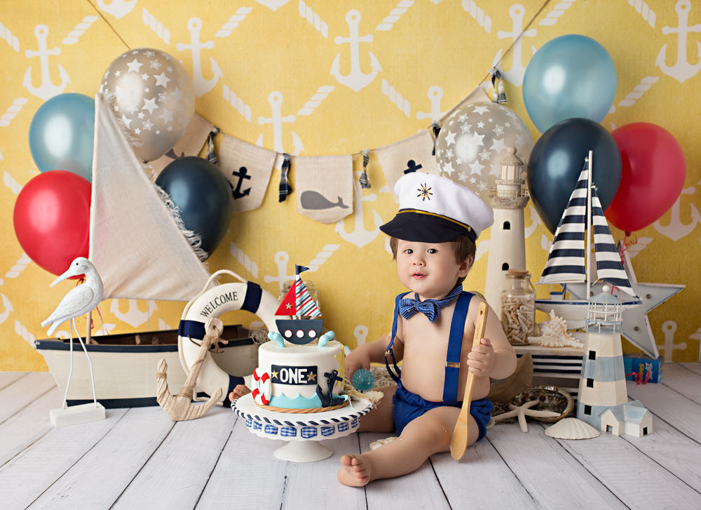 Avezano Little Captain Baby Birthday Cakesmash Session Photography Backdrop-AVEZANO