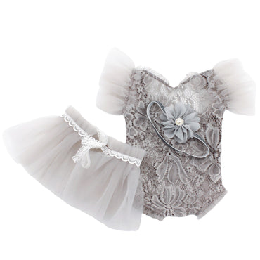 Avezano Lovely Princess Mesh Lace Pearl One-piece Outfits Dress Set