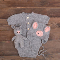 Avezano Newborn Baby Pig Shape Three Piece Wool Suit Outfits Props