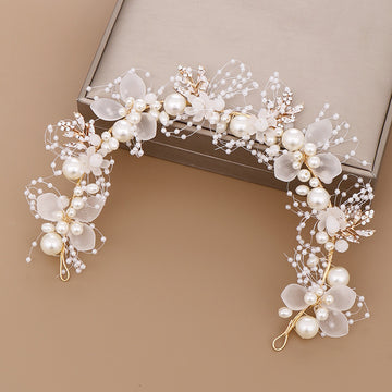 Avezano New Pearl Flower Headband Hand-woven Gold Leaf Headdress