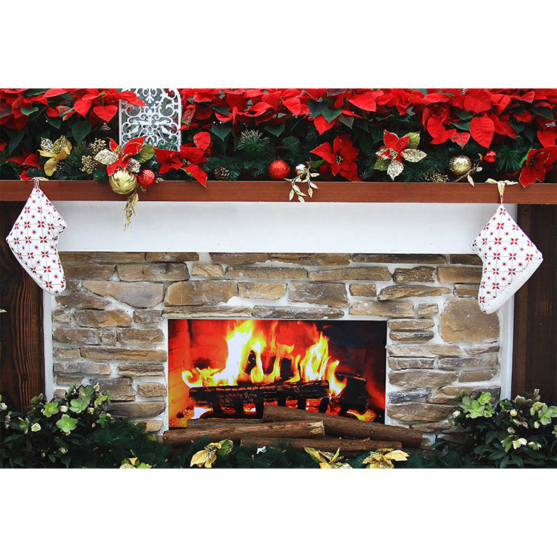 Avezano Burning Fireplace Christmas Photography Backdrop-AVEZANO