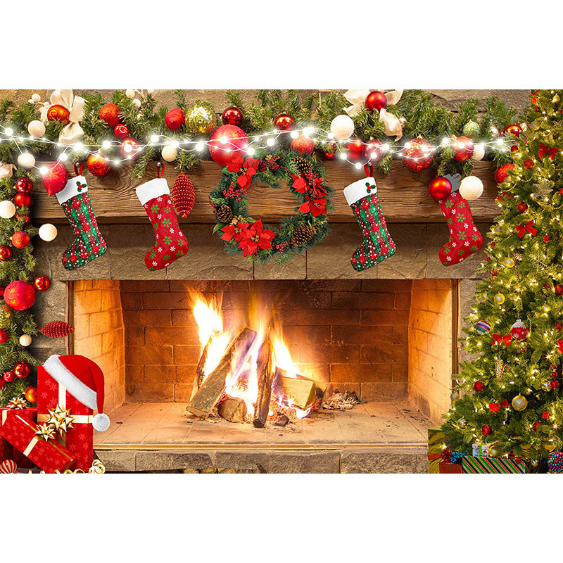Avezano Burning Fireplace With Christmas Socks Photography Backdrop-AVEZANO
