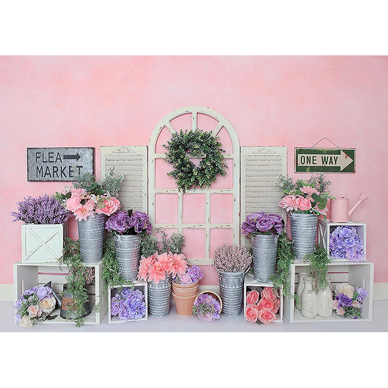 Avezano Pink Wall With Wood Window And Flowers Scene Backdrop For Photography-AVEZANO