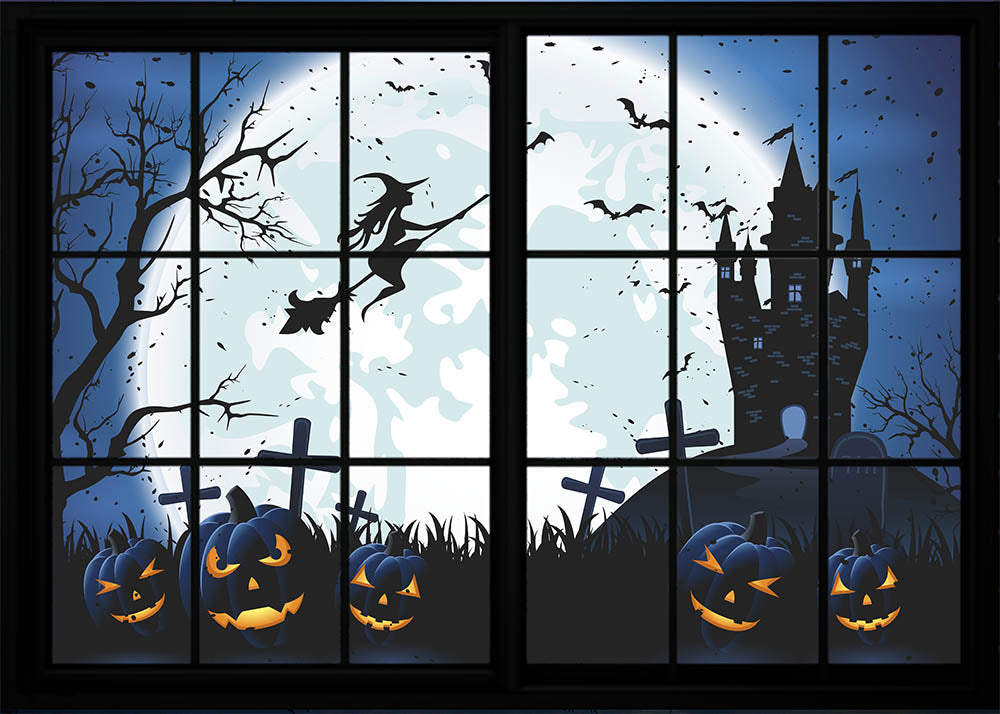 Avezano The Witch Under The Full Moon Outside The Window Halloween Photography Backdrop-AVEZANO