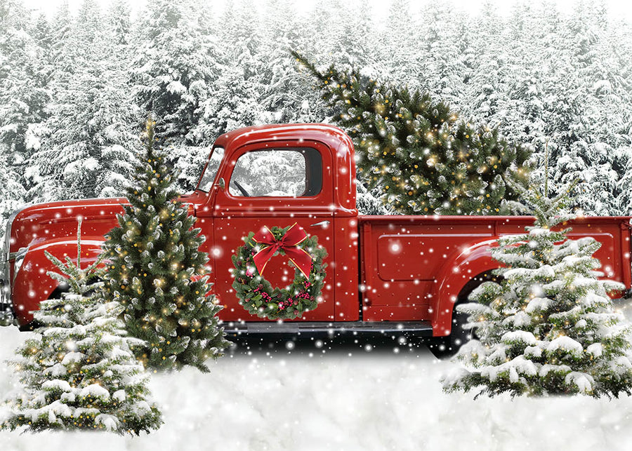 Avezano Christmas Tree Farm and Pickup Trucks Backdrop for Photography-AVEZANO