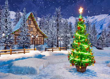 Avezano Snowy Forest House Christmas Tree Backdrop For Photography-AVEZANO
