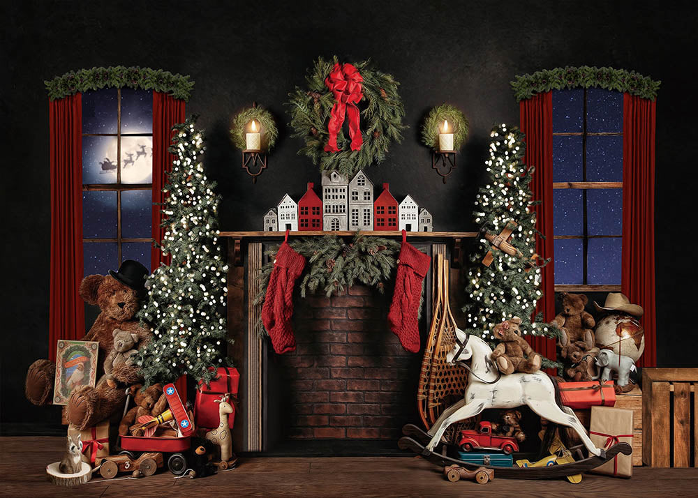 Avezano Retro Fireplace Christmas Toys Interior Christmas Photography Backdrop