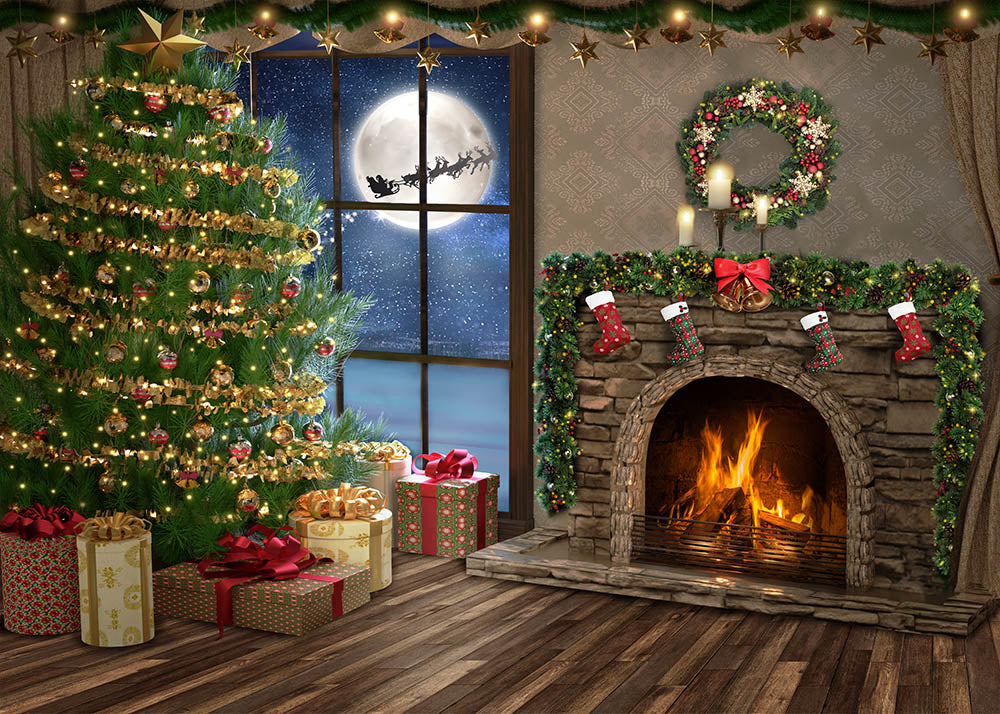 Avezano Fireplace Christmas Tree Gifts For Christmas Eve Photography Backdrop-AVEZANO