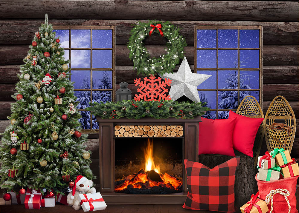 Avezano Fireplace Christmas Tree Gifts In Wooden House Photography Backdrop-AVEZANO