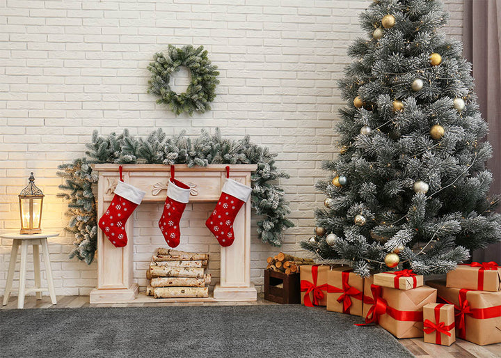 Avezano White Brick Wall Fireplace Christmas Tree Gifts Decorations Indoor Photography Backdrop-AVEZANO