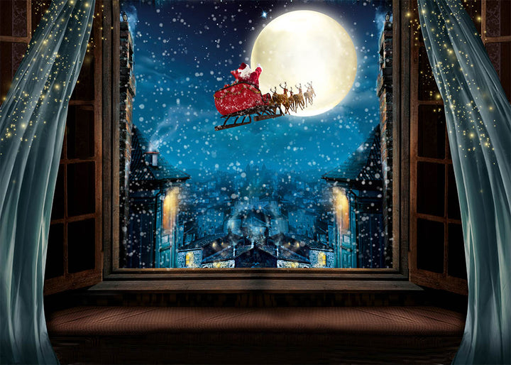 Avezano Santa In The Sky Outside The Window Christmas Photography Backdrop-AVEZANO