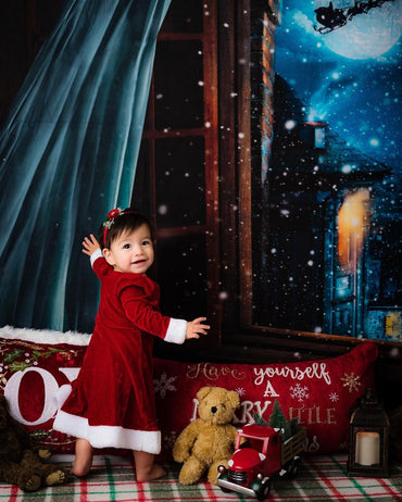 Avezano Père Noël dans le ciel à l'extérieur de la fenêtre Toile de fond pour photographie de Noël 