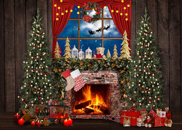 Avezano Christmas Fireplace Window Photography Backdrop-AVEZANO