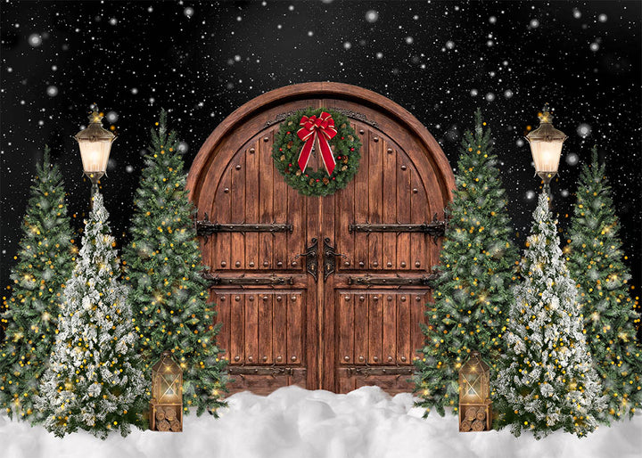 Avezano Christmas Tree Arched Wooden Door Photography Backdrop-AVEZANO