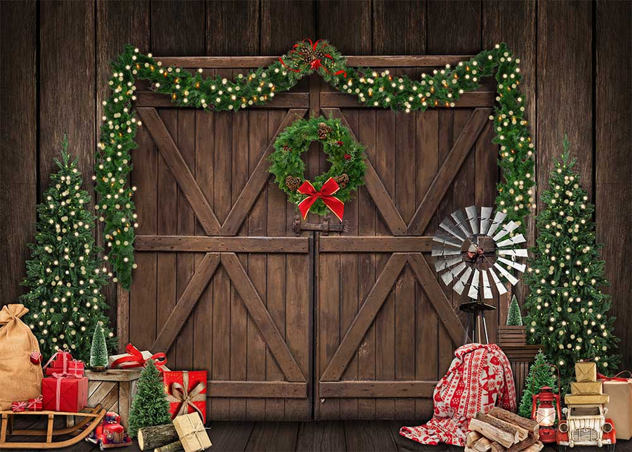 Avezano Christmas Decoration Wooden Door Photography Backdrop-AVEZANO