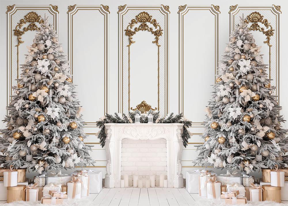 Avezano Elegant White Wall Christmas Trees Fireplace Photography Backdrop-AVEZANO