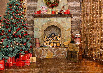Avezano Fireplace With Christmas Tree Interior Photography Backdrop-AVEZANO