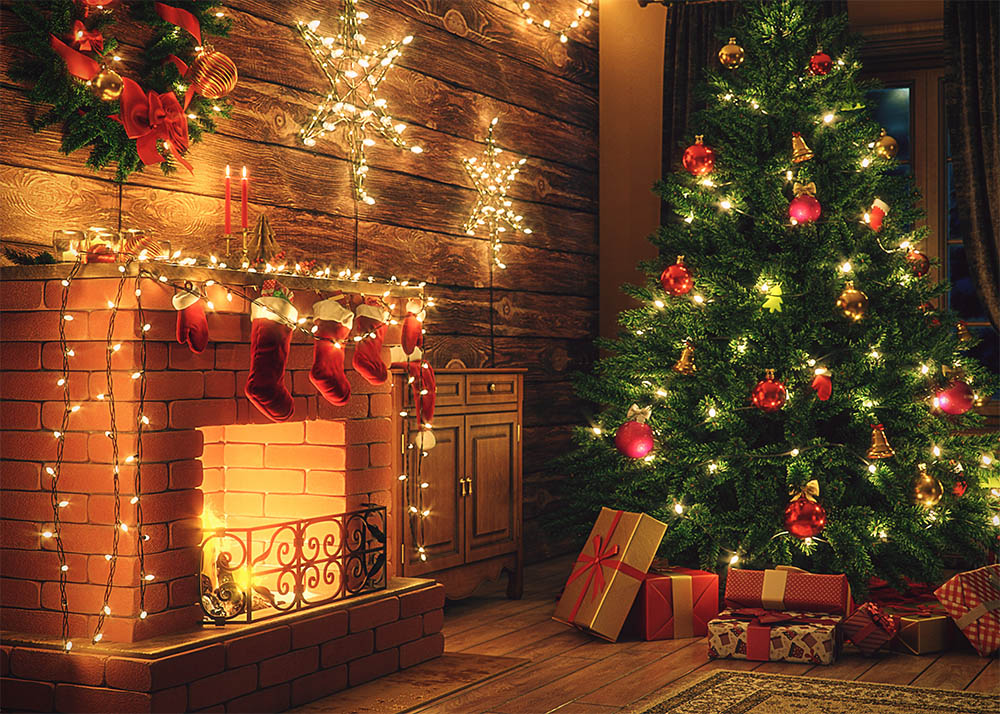 Avezano Sparkling Christmas Tree And Burning Fireplace On Christmas Eve Photography Backdrop-AVEZANO