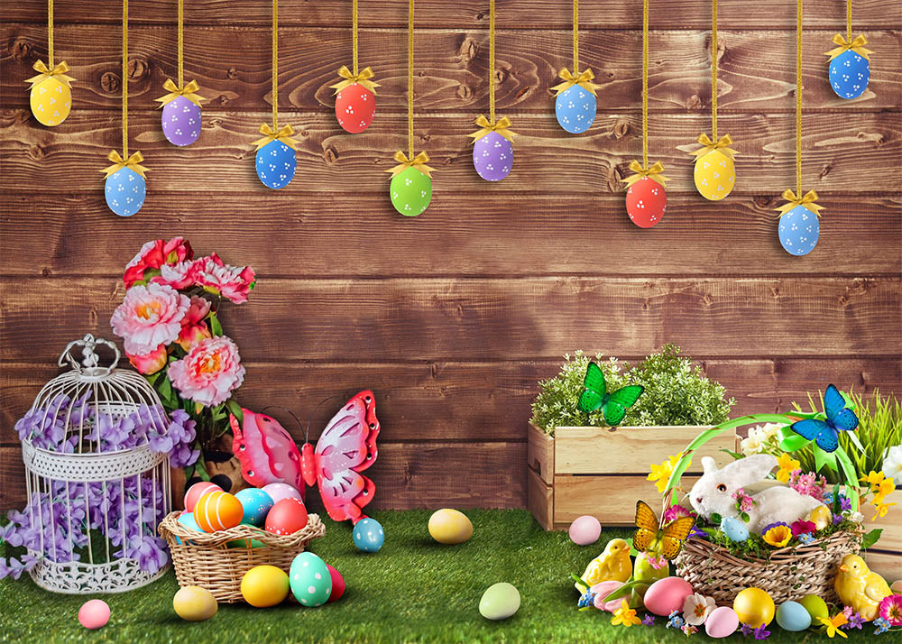 Avezano Wooden Walls With Easter Themed Decorations Photography Backdrop-AVEZANO