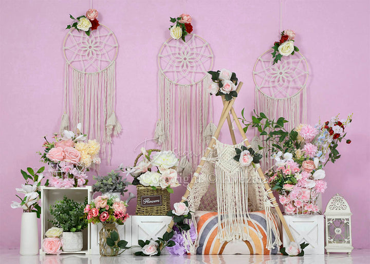 Avezano Pink Background Boho Flowers Backdrop For Photography-AVEZANO
