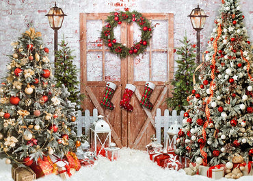 Avezano Christmas Trees and Wooden Door Backdrop for Photography