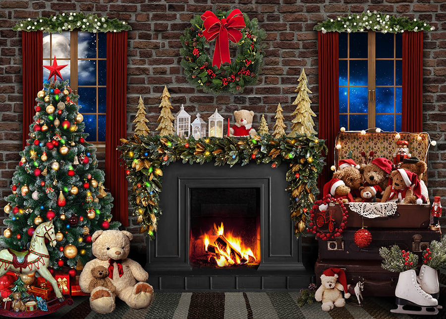 Christmas Retro Avezano Burning Fireplace Photography Background-AVEZANO