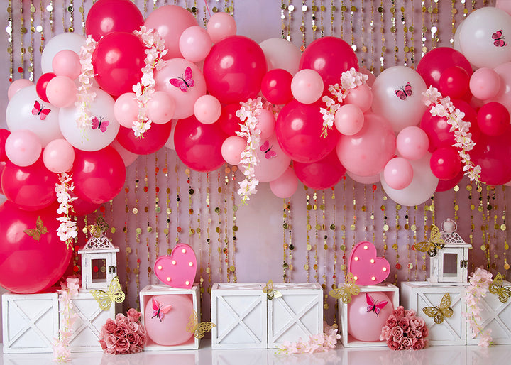 Avezano Pink Balloons and Butterfly Party Photography Background by Stefany Figueroa-AVEZANO