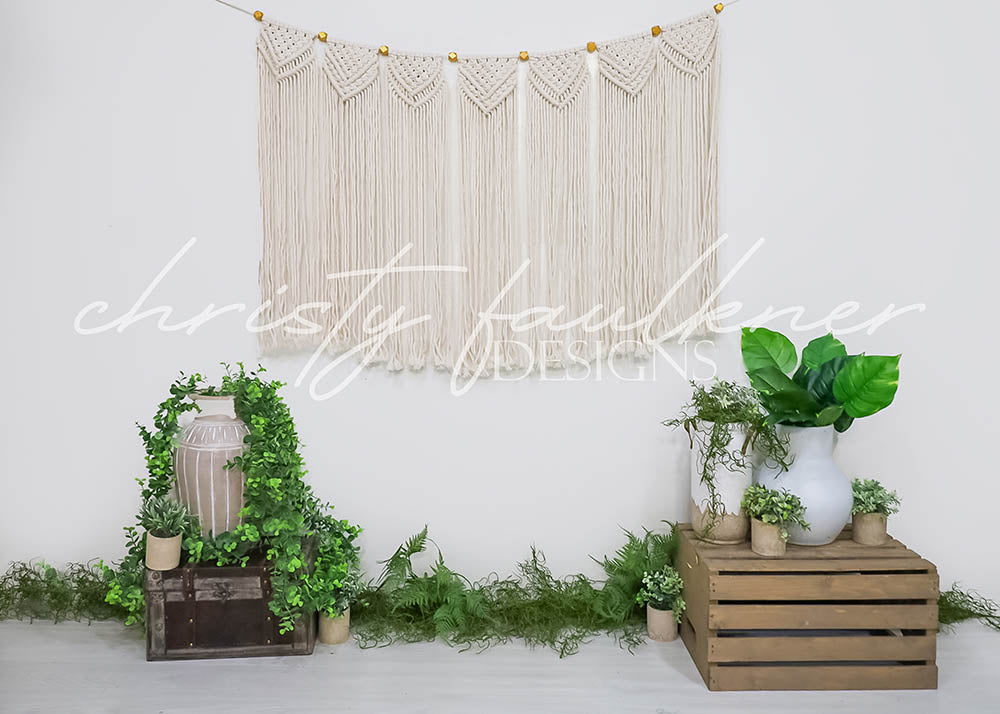 Avezano Beige Hanging Curtain and Green Plants Backdrop Designed By Christy Faulkner-AVEZANO