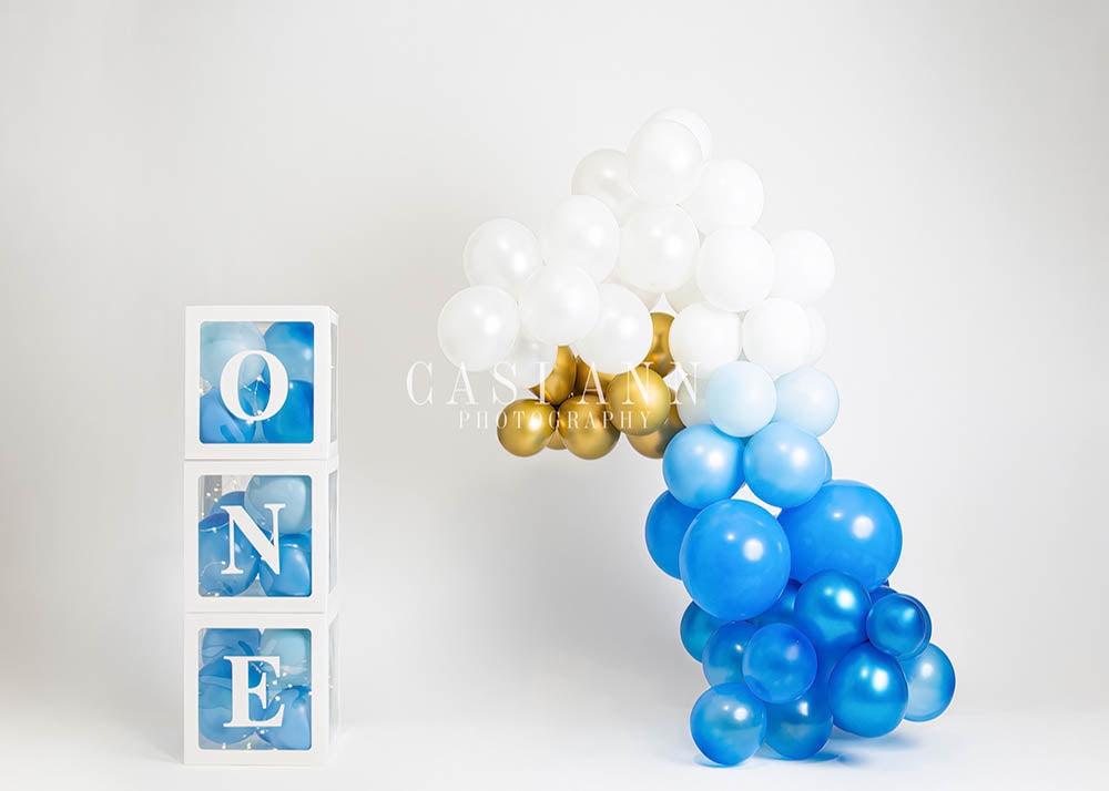 Avezano One Blocks Blue White and Gold Balloons Photography Backdrop Designed By Casi Ann-AVEZANO