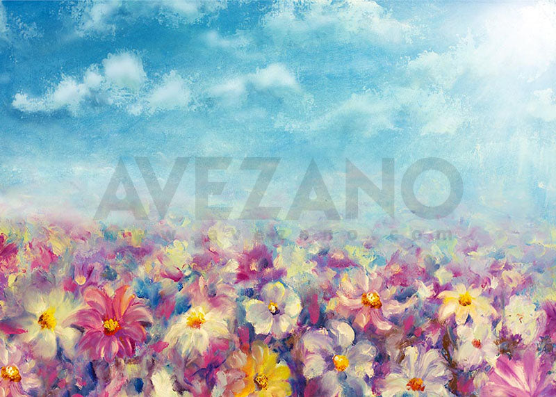 Avezano Spring Flowers Under Blue Sky Oil Painting Style Photography Backdrop-AVEZANO