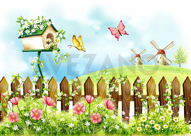 Avezano Windmills and Butterflies in Spring Photography Backdrop-AVEZANO
