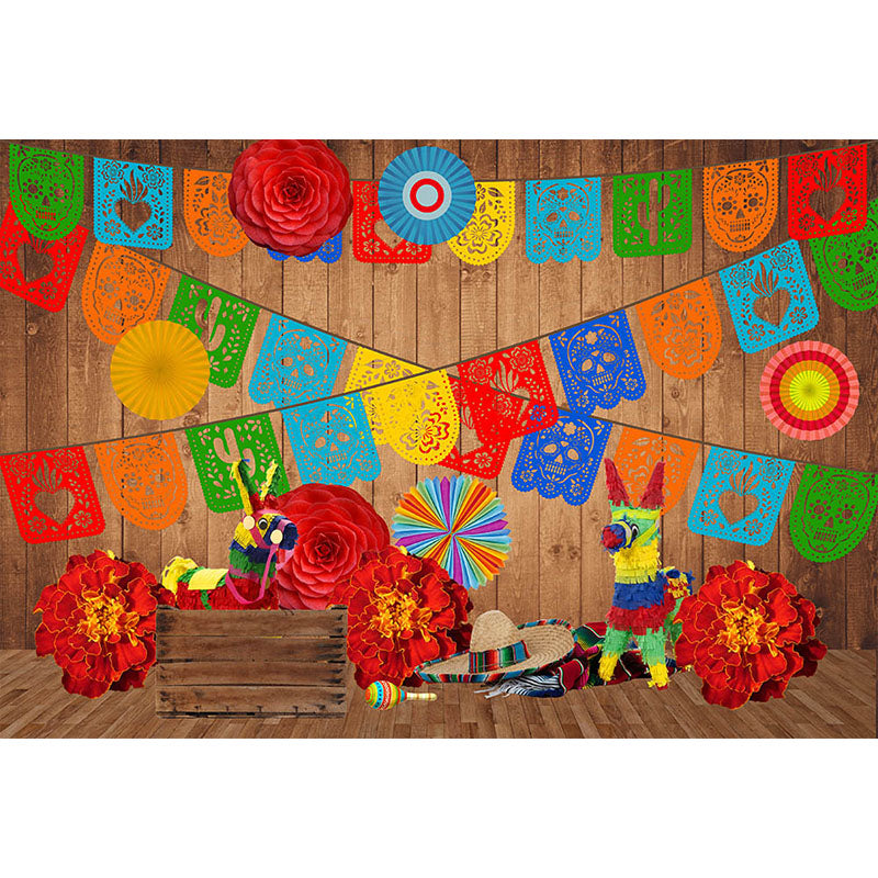 Avezano Wood Floor Texture Backdrop With Colourful Paper-Cut Flag for Photography-AVEZANO