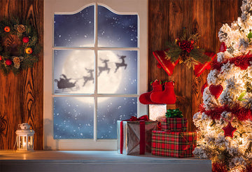 Avezano Full Moon Outside Christmas Window Photography Backdrop-AVEZANO