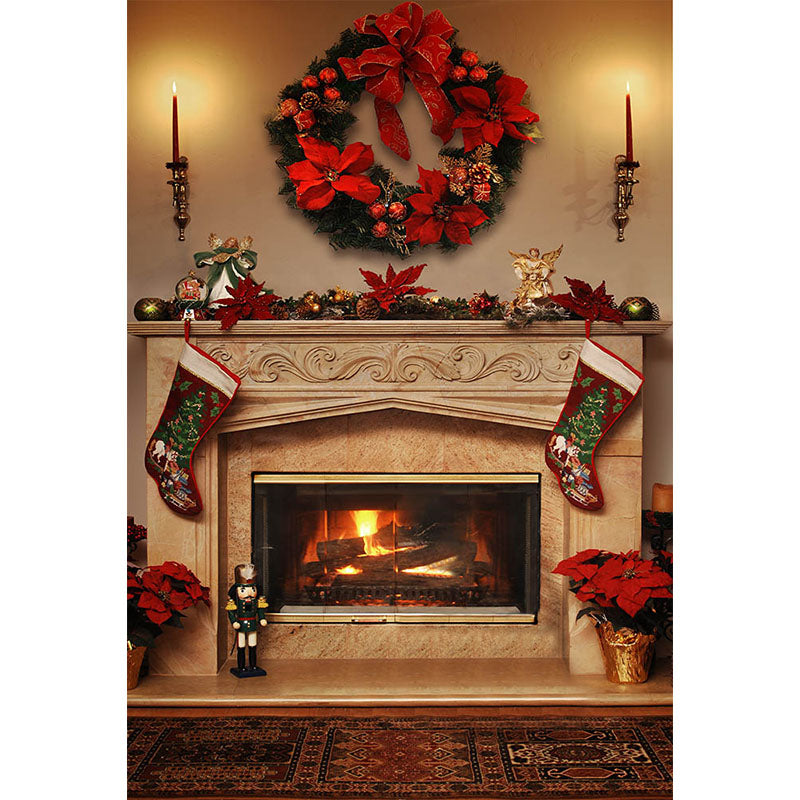 Avezano Christmas Wreath And Fireplace Photography Backdrop For Christmas-AVEZANO