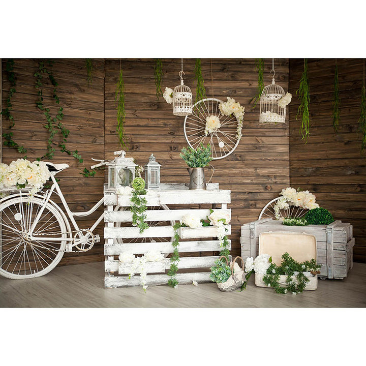 Avezano Wood Wall With Green Plant And Decorations Spring Photography Backdrop For Wedding-AVEZANO