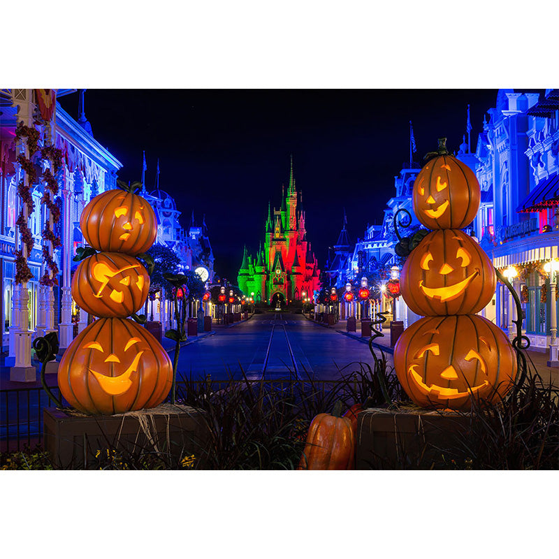 Avezano Street And Pumpkin Lanterns Halloween Photography Backdrop-AVEZANO